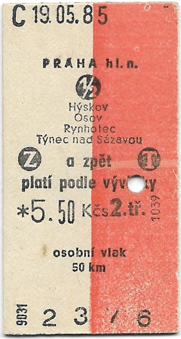 Praha hlavní nádraží - Hýskov, Osov, Rynholec, Týnec nad Sázavou (⇵)(½)